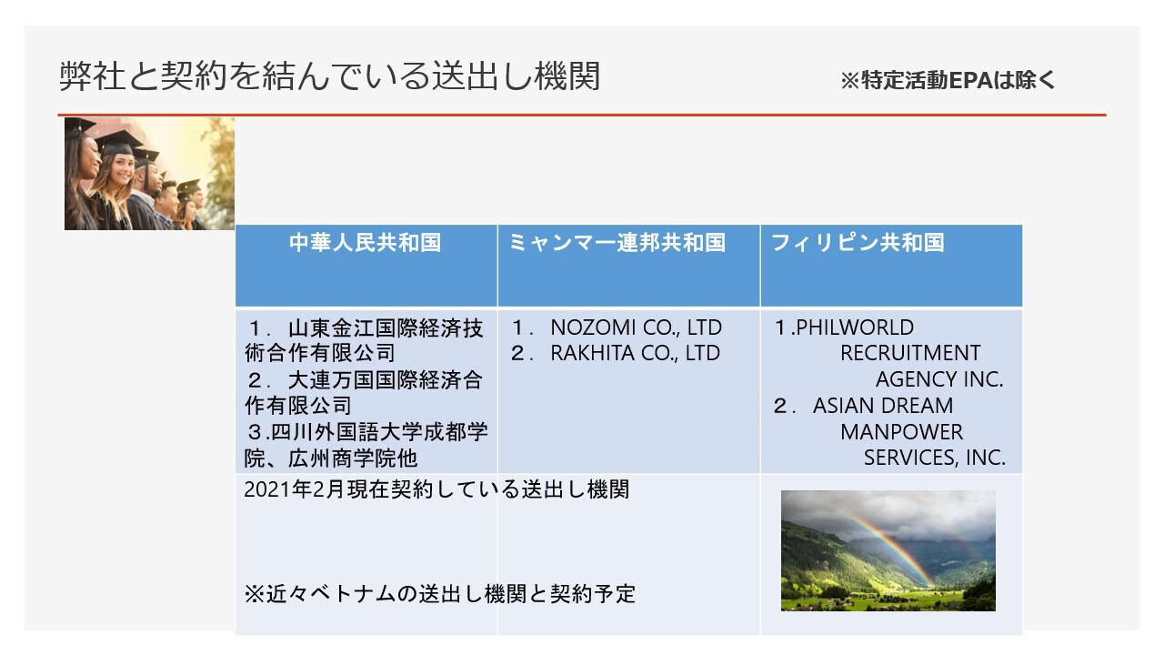 弊社と契約を結んでいる送り出し機関